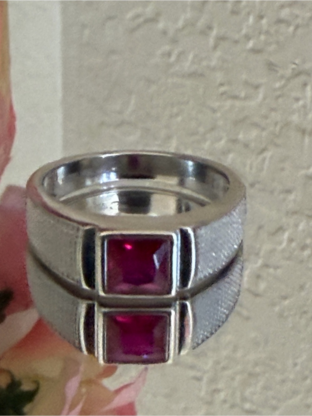 925 Sterling Silver Signet-Style Ring Square Architectural Design Ruby Red 10